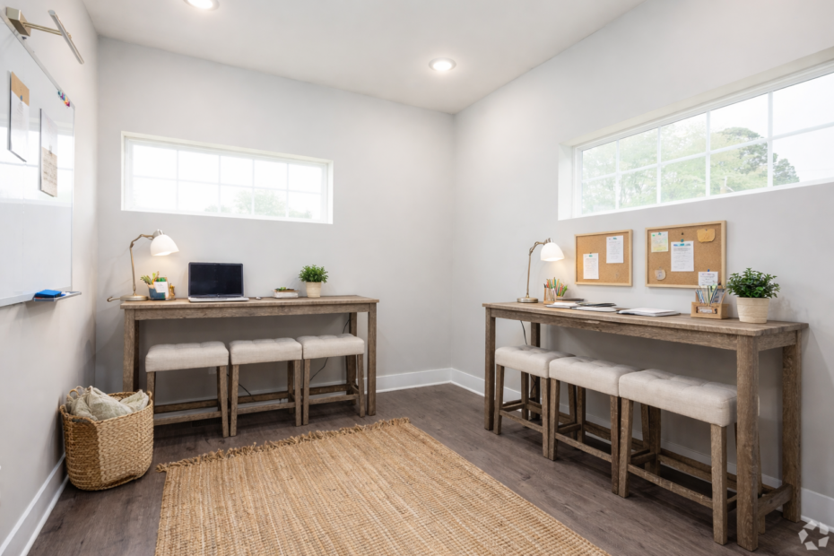 Two-story clubhouse at The Haven at Wake with lounge area, and three study room options with a print station.