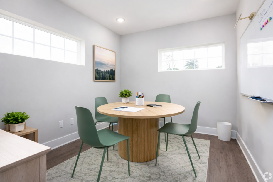 Two-story clubhouse at The Haven at Wake with lounge area, and three study room options with a print station.